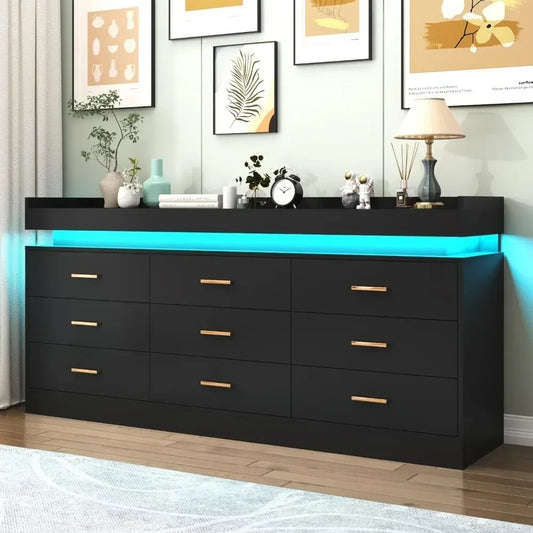 Modern Dresser 9 Drawer with LED Light,