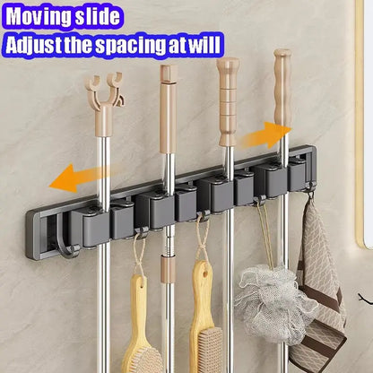 Wall Mounted Mop & Broom Organizer Rack with 5 Hooks