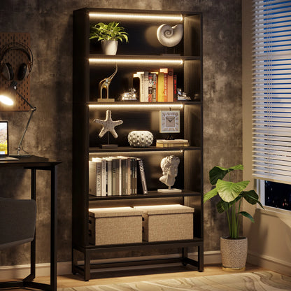 70.8" Tall Black Bookcase w/LED Lights