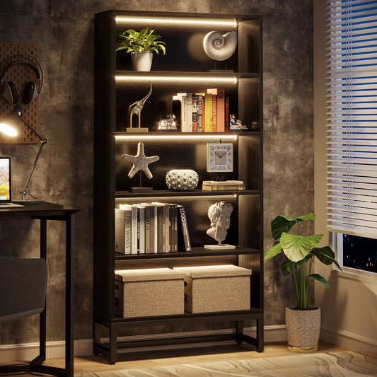 70.8" Tall Black Bookcase w/LED Lights