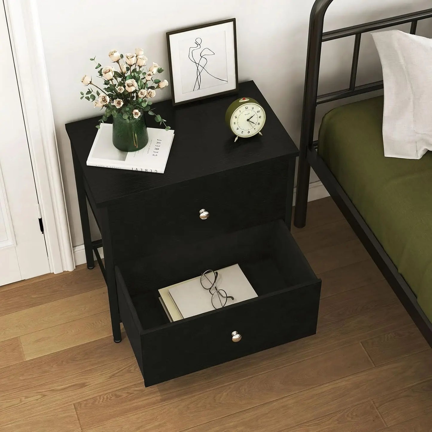 Set of Black Nightstands with Fabric Drawers