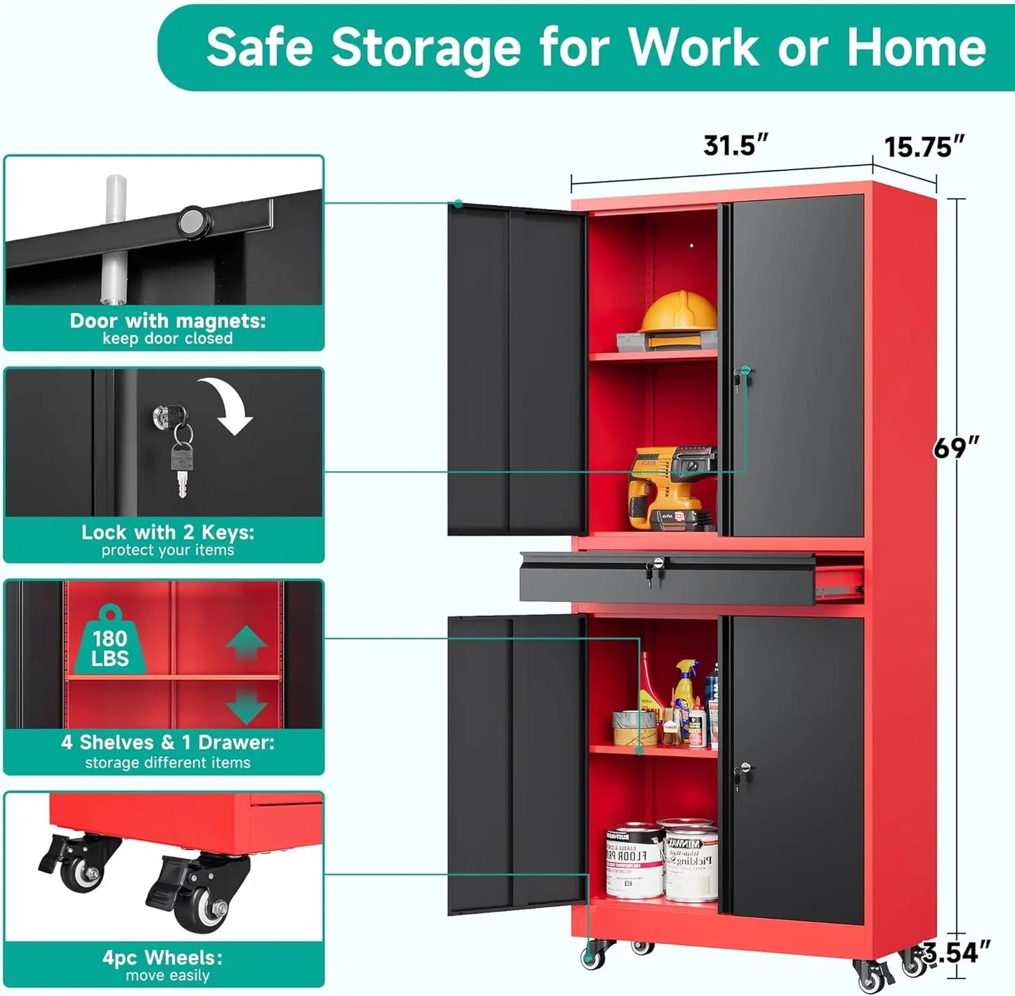 Metal Storage Cabinet with Wheels and Drawer Rolling Garage Storage Cabinet with Lock Black Red Metal Cabinet with Wheels