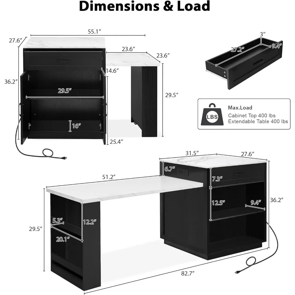 82.7" Island with Extendable Dining Table, Rolling Mobile Center Island with Storage, Charging Station, Black