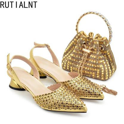 New Fashion Gold Color Shoes and Bags To Match
