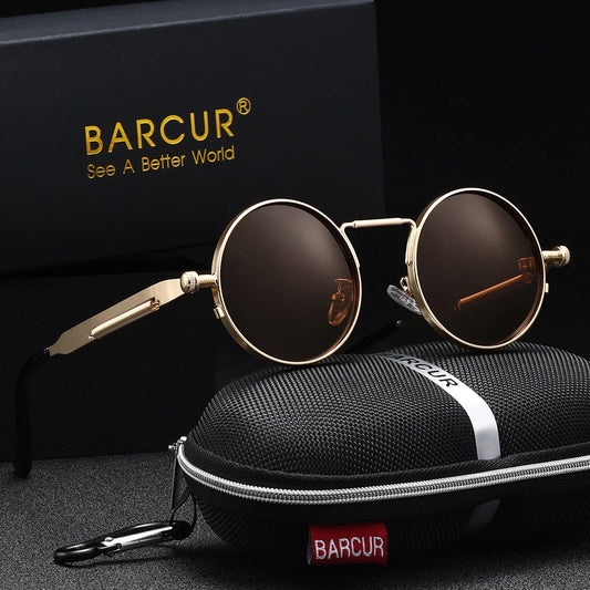BARCUR Polarized Round Steampunk Sunglasses for Men