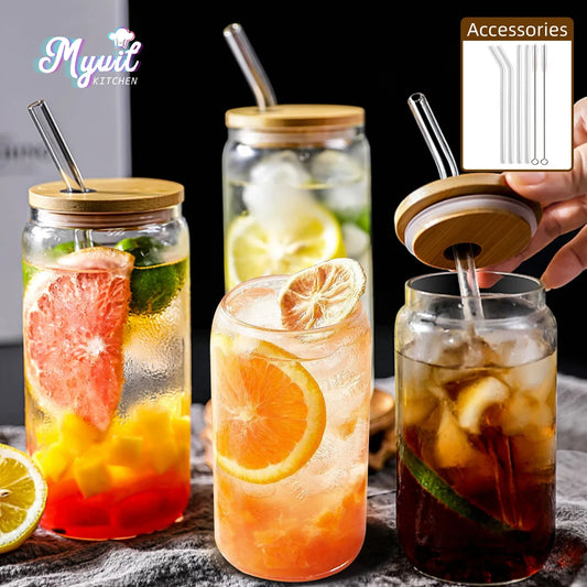 4 Bamboo Lid Glass Drinking Glasses with Glass Straw