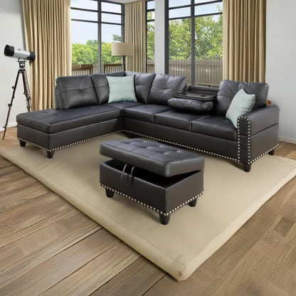 98" Faux Leather Couch with Ottoman and Cup Holder