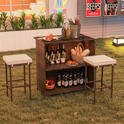 3 PCS Patio Bar Set w/ Tempered Glass Tabletop