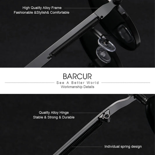 BARCUR Polarized Round Steampunk Sunglasses for Men