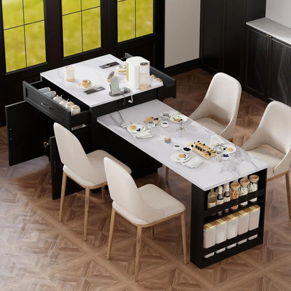 82.7" Island with Extendable Dining Table, Rolling Mobile Center Island with Storage, Charging Station, Black