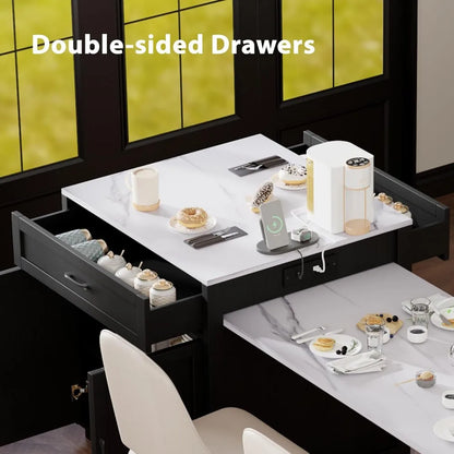 82.7" Island with Extendable Dining Table, Rolling Mobile Center Island with Storage, Charging Station, Black