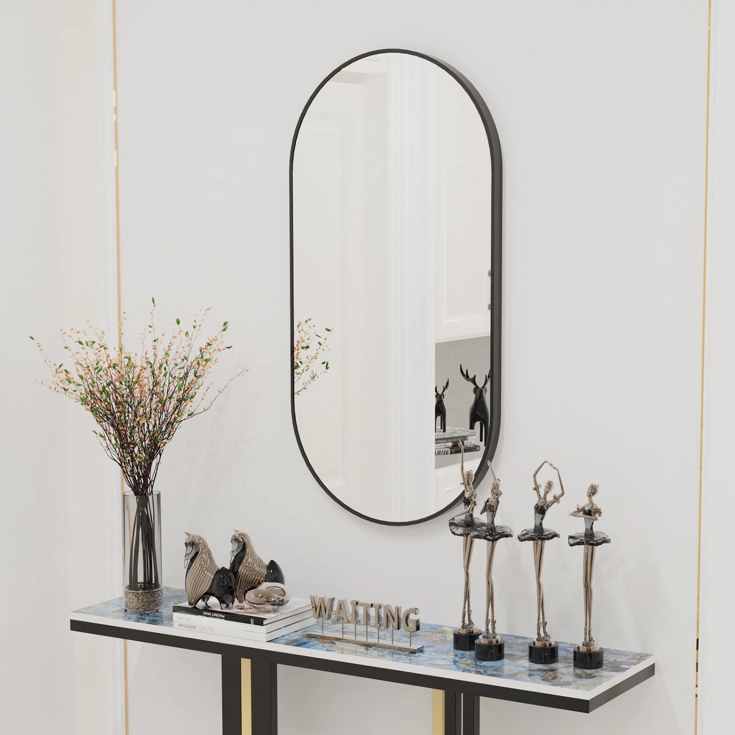 20x40" Metal Frame Black Oval Mirror