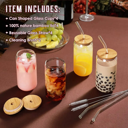 4 Bamboo Lid Glass Drinking Glasses with Glass Straw
