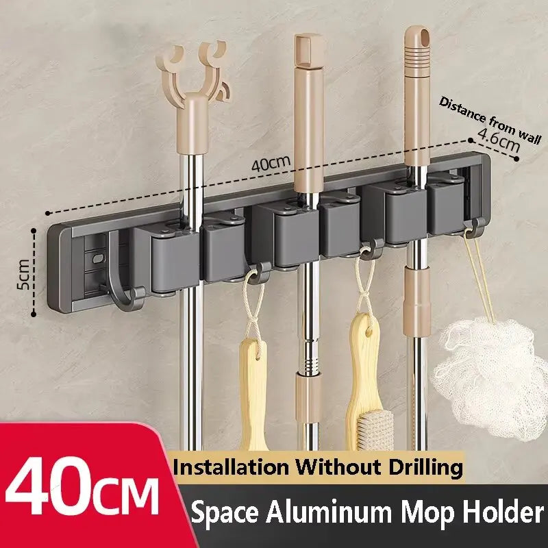 Wall Mounted Mop & Broom Organizer Rack with 5 Hooks