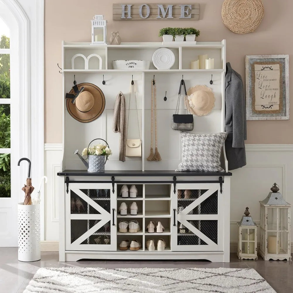 Farmhouse Entryway Bench with Coat Rack