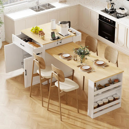 82.7" Island with Extendable Dining Table, Rolling Mobile Center Island with Storage, Charging Station, Black