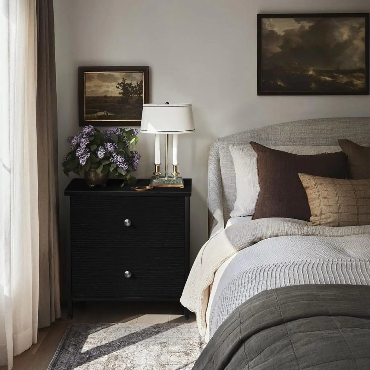 Set of Black Nightstands with Fabric Drawers