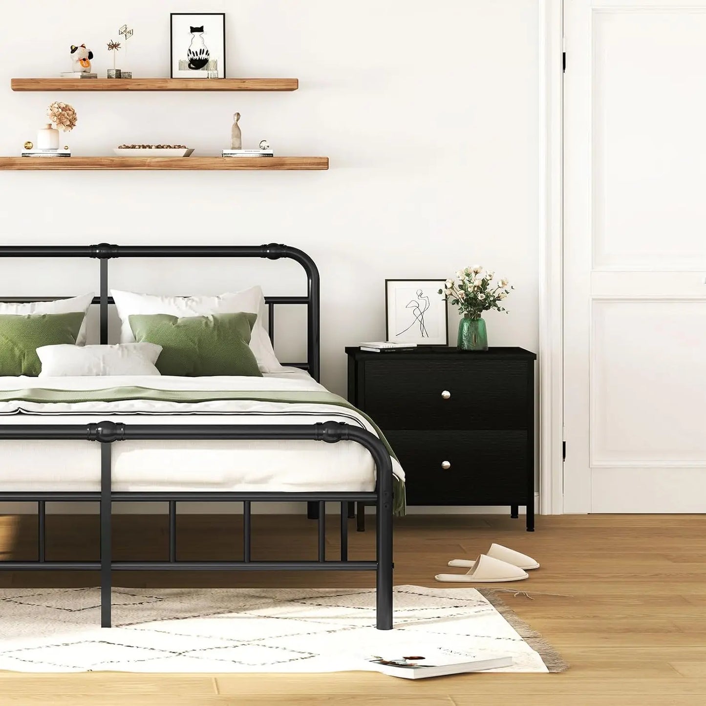 Set of Black Nightstands with Fabric Drawers
