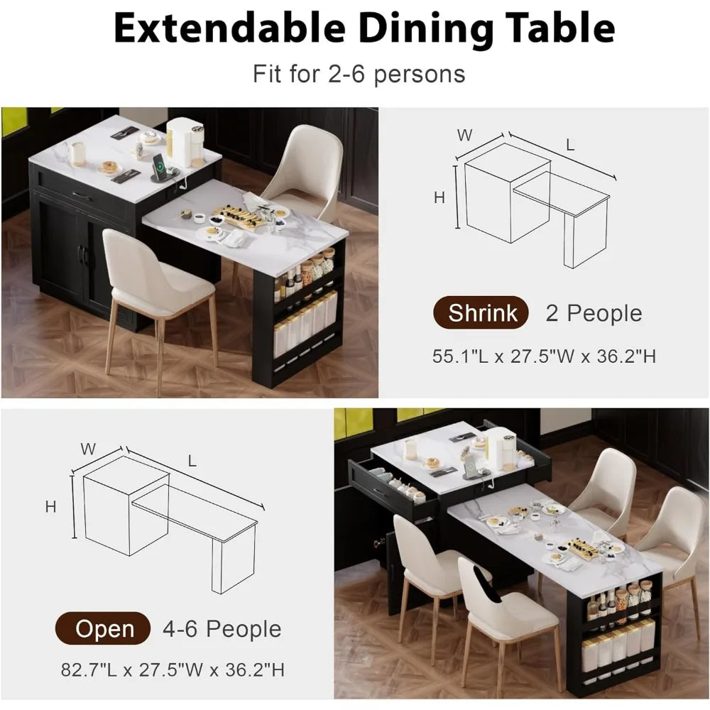 82.7" Island with Extendable Dining Table, Rolling Mobile Center Island with Storage, Charging Station, Black