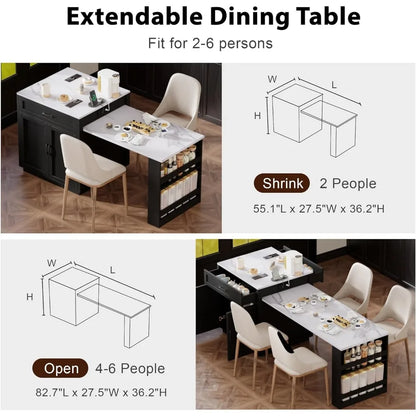 82.7" Island with Extendable Dining Table, Rolling Mobile Center Island with Storage, Charging Station, Black