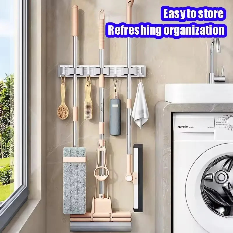 Wall Mounted Mop & Broom Organizer Rack with 5 Hooks