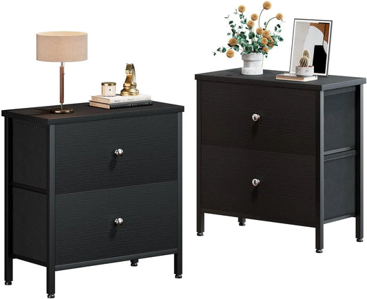 Set of Black Nightstands with Fabric Drawers