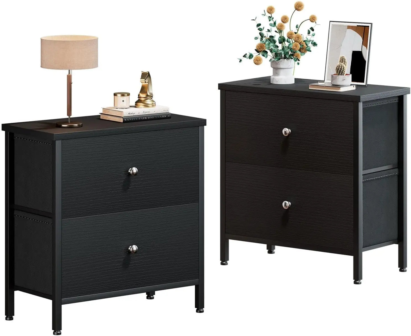 Set of Black Nightstands with Fabric Drawers