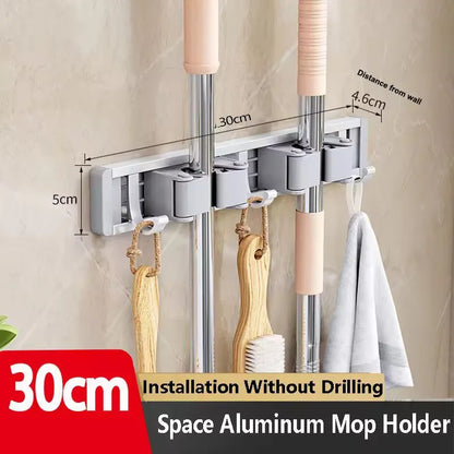 Wall Mounted Mop & Broom Organizer Rack with 5 Hooks
