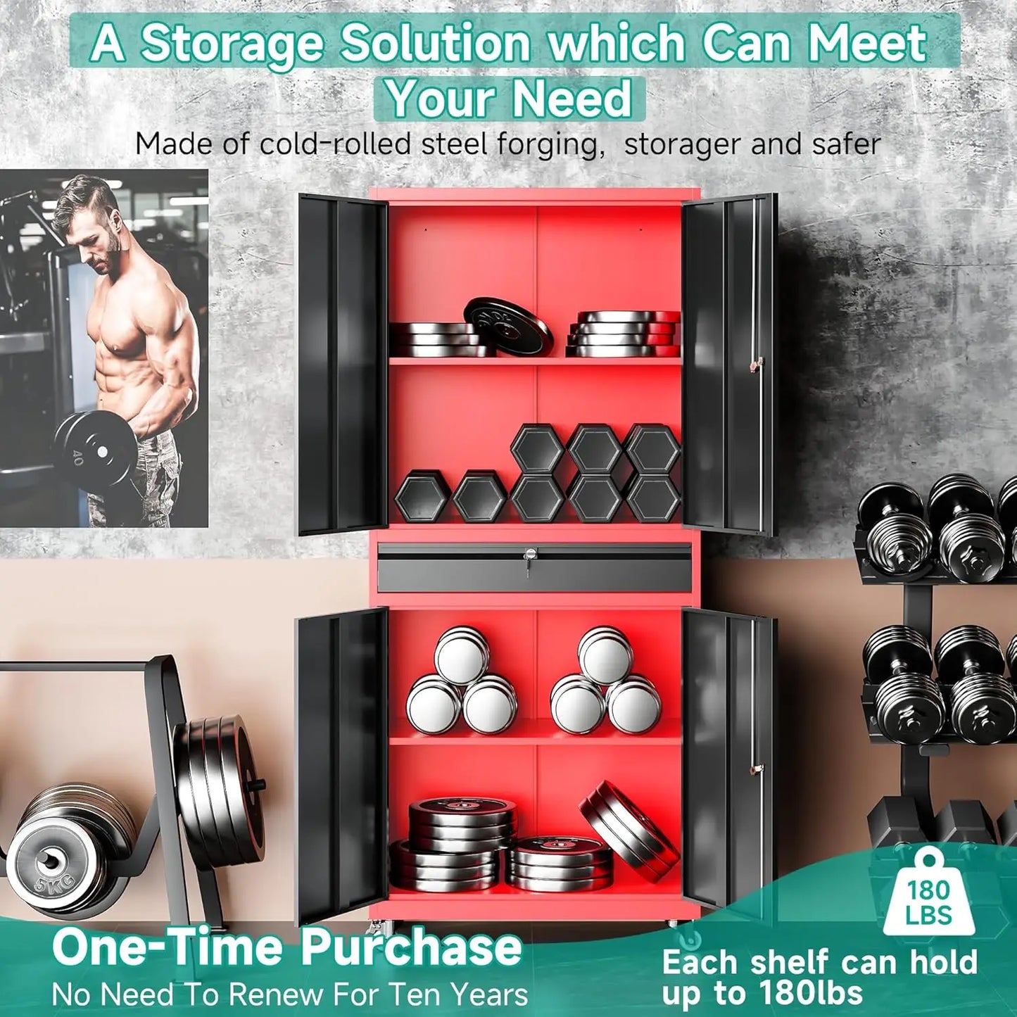 Metal Storage Cabinet with Wheels and Drawer Rolling Garage Storage Cabinet with Lock Black Red Metal Cabinet with Wheels