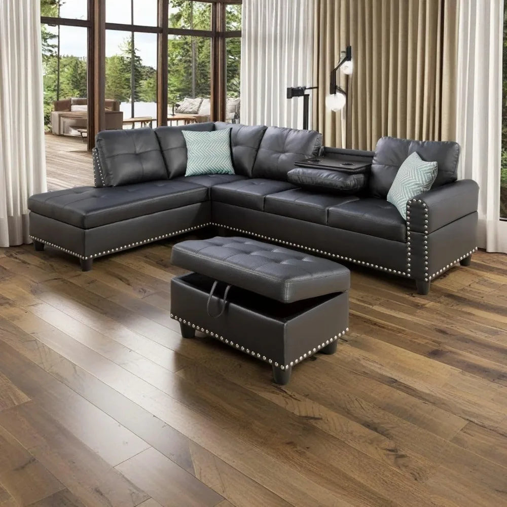 98" Faux Leather Couch with Ottoman and Cup Holder