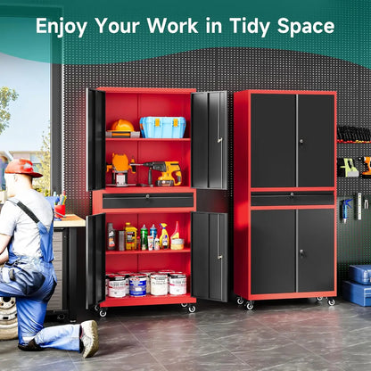Metal Storage Cabinet with Wheels and Drawer Rolling Garage Storage Cabinet with Lock Black Red Metal Cabinet with Wheels