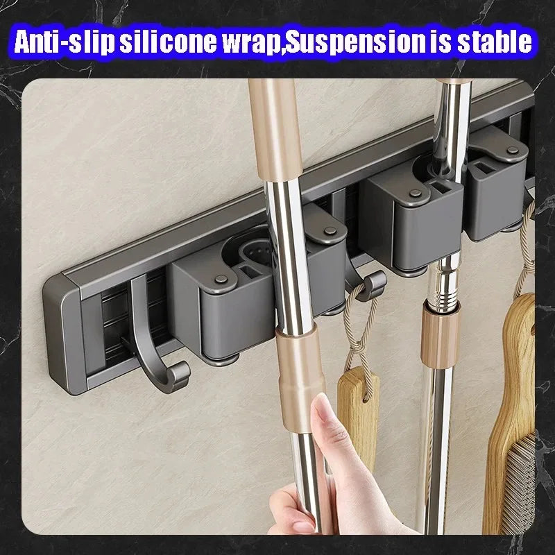 Wall Mounted Mop & Broom Organizer Rack with 5 Hooks