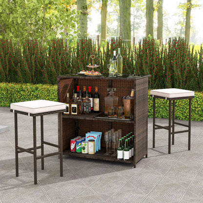 3 PCS Patio Bar Set w/ Tempered Glass Tabletop