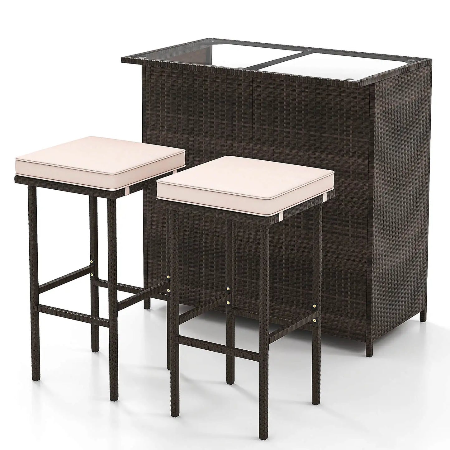 3 PCS Patio Bar Set w/ Tempered Glass Tabletop