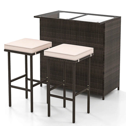 3 PCS Patio Bar Set w/ Tempered Glass Tabletop
