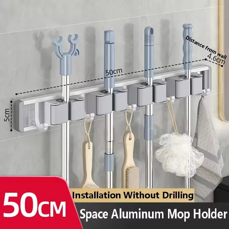 Wall Mounted Mop & Broom Organizer Rack with 5 Hooks