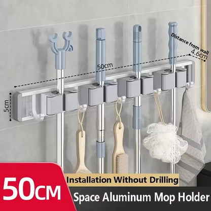 Wall Mounted Mop & Broom Organizer Rack with 5 Hooks