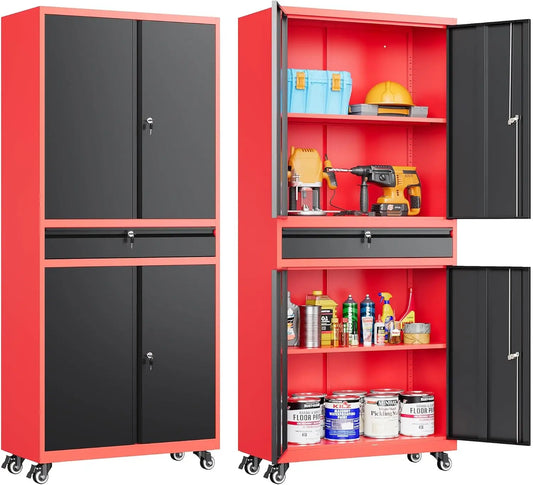 Metal Storage Cabinet with Wheels and Drawer Rolling Garage Storage Cabinet with Lock Black Red Metal Cabinet with Wheels