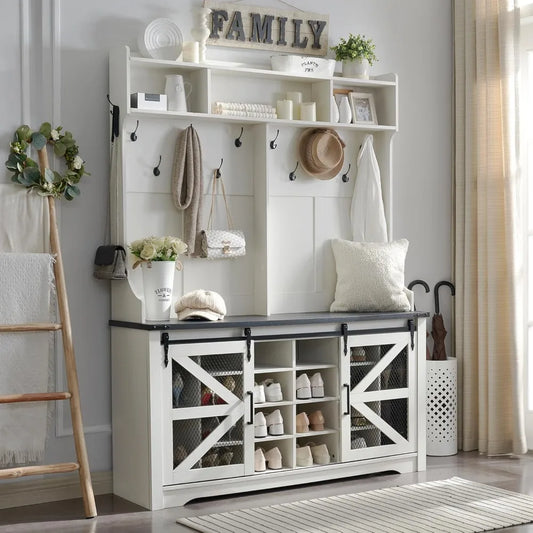 Farmhouse Entryway Bench with Coat Rack