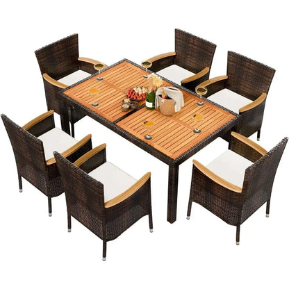 7 Pc Wicker Patio Dining Set with Wood Table Top