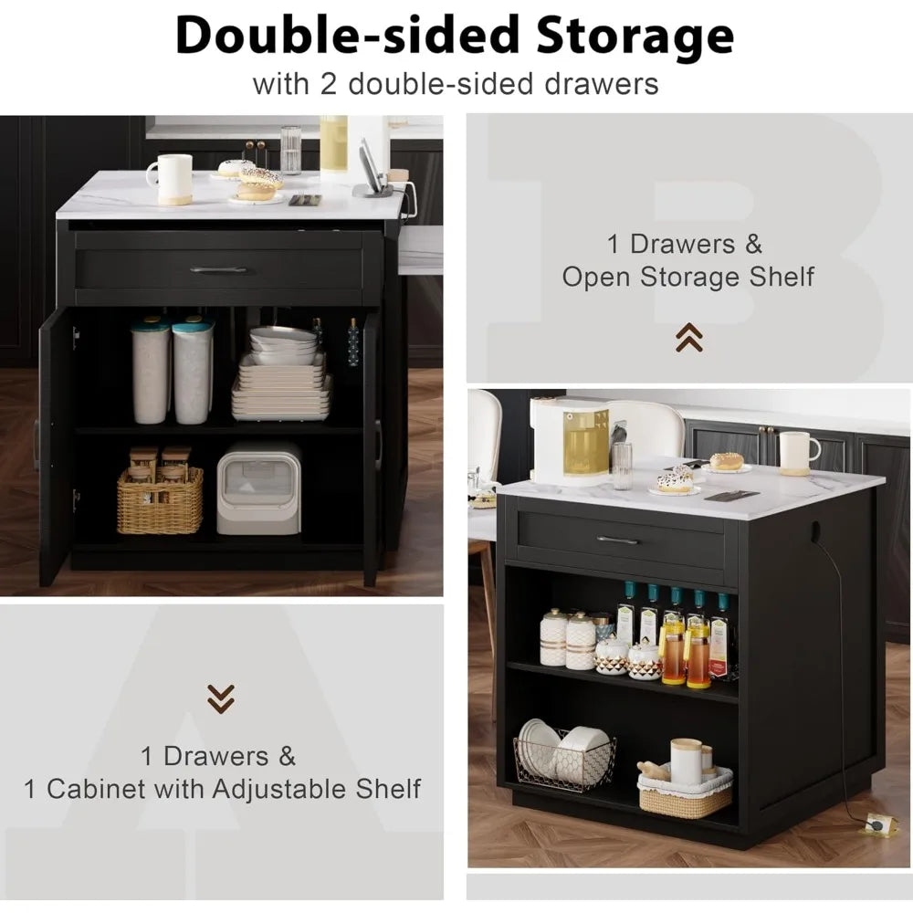 82.7" Island with Extendable Dining Table, Rolling Mobile Center Island with Storage, Charging Station, Black