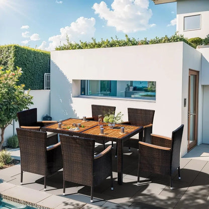 7 Pc Wicker Patio Dining Set with Wood Table Top