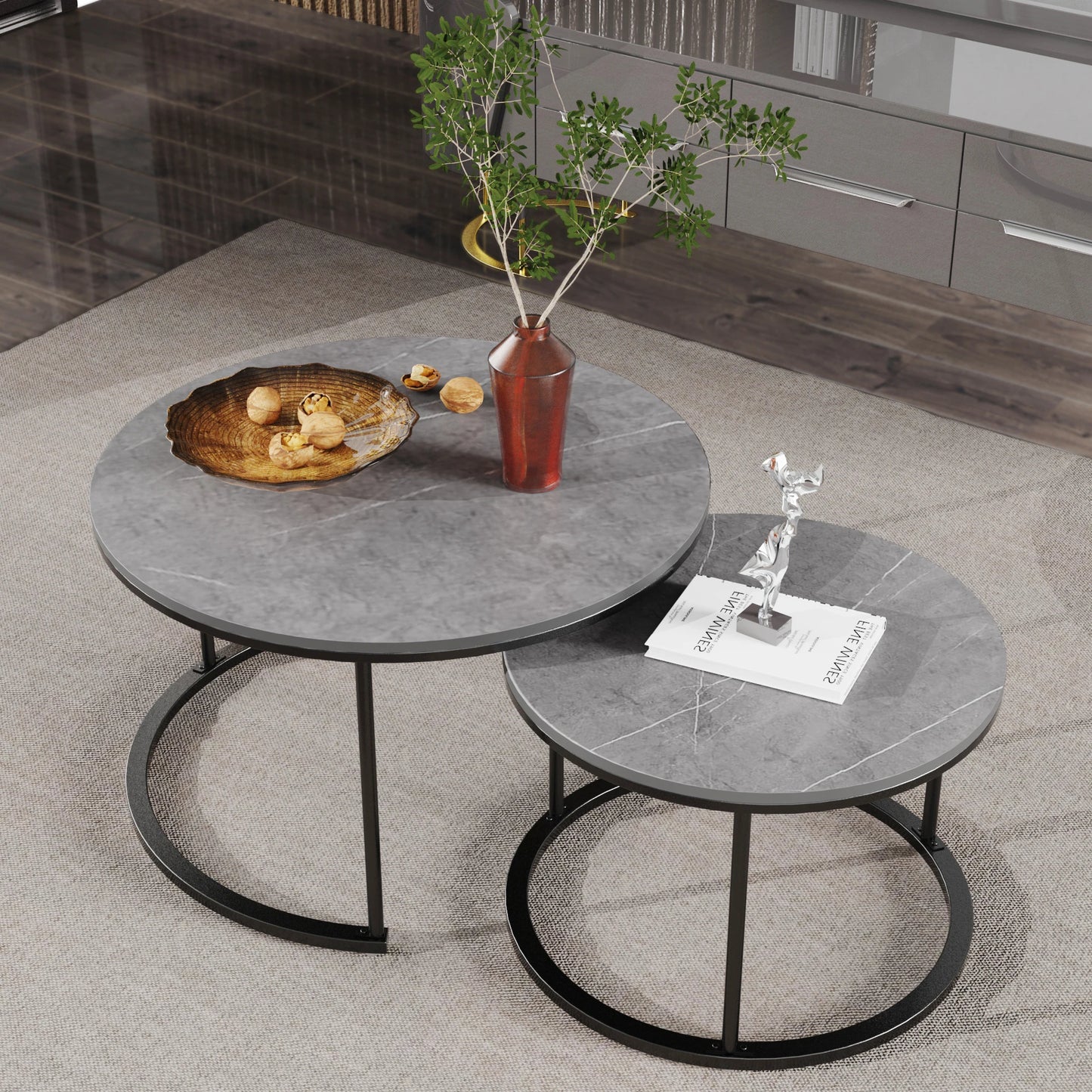 Set of 2 Real Marble Round Nesting Tables