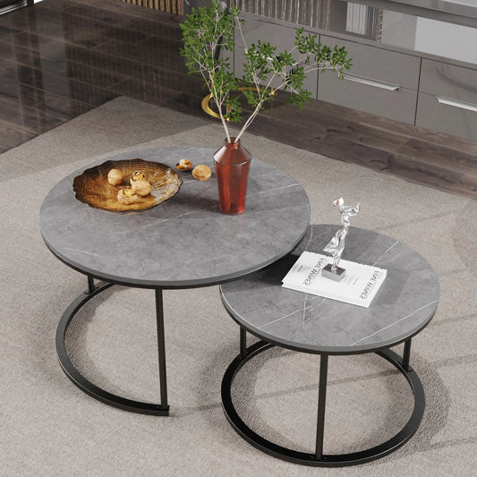 Set of 2 Real Marble Round Nesting Tables