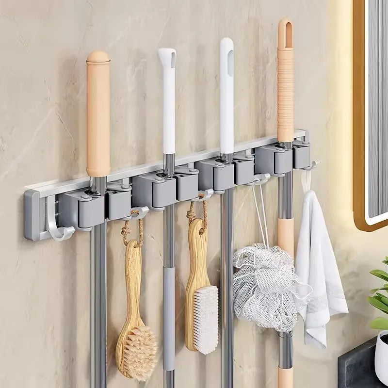Wall Mounted Mop & Broom Organizer Rack with 5 Hooks