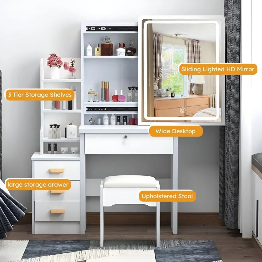 Makeup Vanity Set with Mirror, Lights and Chair