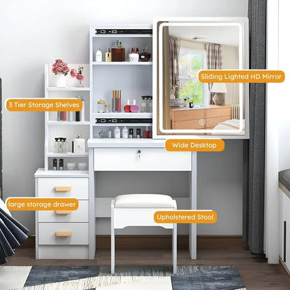 Makeup Vanity Set with Mirror, Lights and Chair