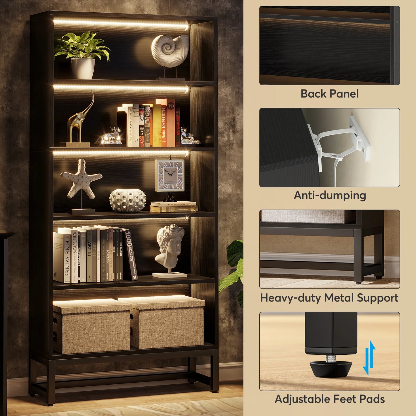 70.8" Tall Black Bookcase w/LED Lights