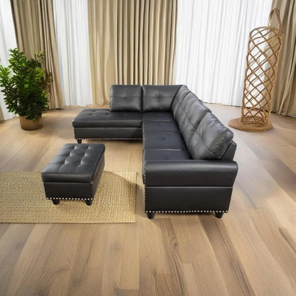 98" Faux Leather Couch with Ottoman and Cup Holder