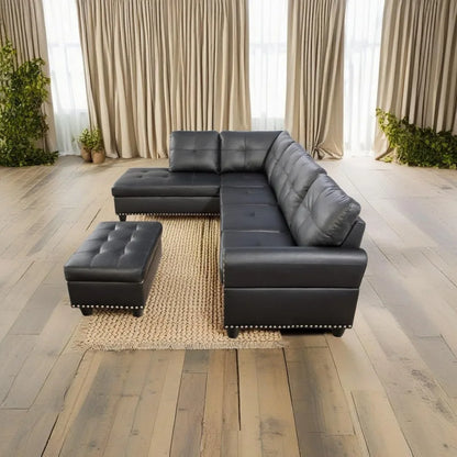 98" Faux Leather Couch with Ottoman and Cup Holder